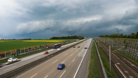Traffic on German highway A3 Stockbeeldmateriaal 153682041