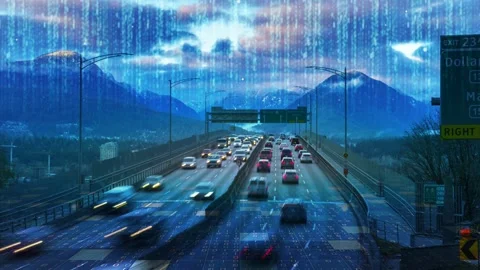 Traffic on the highway against the backdrop of a mountain range. Digitalization. Stock Footage 242389932