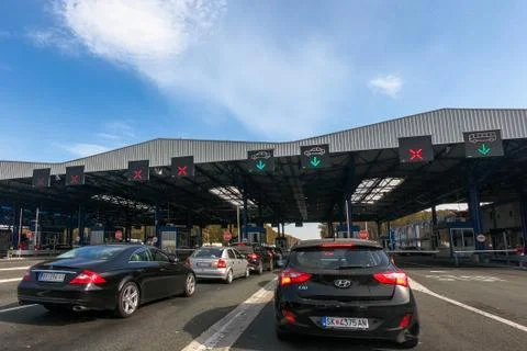 Traffic on highway border crossing between Croatia and Serbia Stock Photos