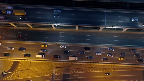 Traffic on a highway at night. Aerial. 4K. Stock Footage