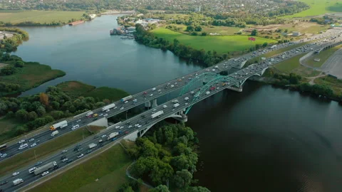 Traffic on highway over river. Bridge and water. Cars in movement. Routine life. Stock Footage 140271744