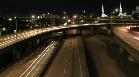 Traffic on Highways Time Lapse in Downtown Portland OR at Night Stock Footage 26179949