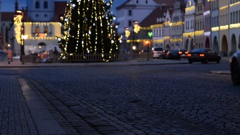 Traffic in the historic town in the Christmas time. Stock Footage