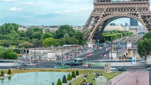 Traffic on intersection near famous square Trocadero with Eiffel tower in the Stock Photos