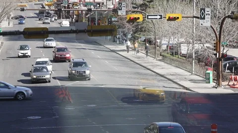 Traffic intersection seen from a bridge in Downtown Calgary Stock-Footage 90827531