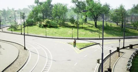 Traffic intersection surrounded by greenery during daylight in a city park Stock Illustration