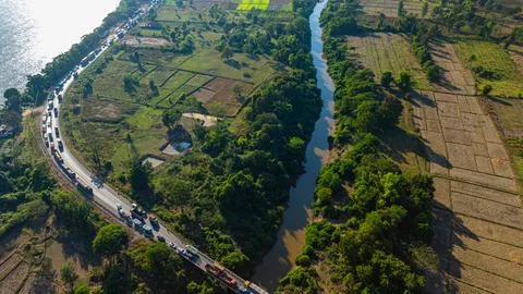 Traffic Jam After Bridge Collision Over Pakthoay River in Laos Stock Photos