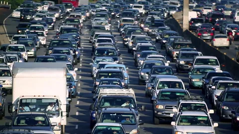 Traffic jam and congestion during morning rush hour on freeway in Los Angeles Stock Footage