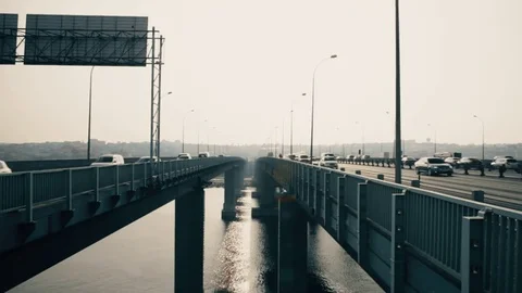 Traffic Jam on Bridge Over a River, Istanbul Skyline Stock Footage 72624723