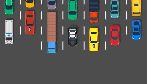 Traffic jam car top view vector illustration road. Lot street city aerial asp Stock Illustration