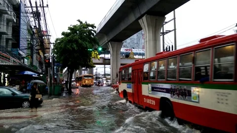 Traffic jam caused from rain flooding Stock Footage 76070720