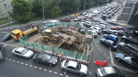 Traffic jam caused by road work Stock Footage 7751672