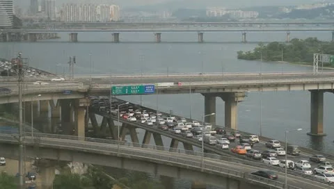 Traffic jam on city expressway during rush hour Stock Footage