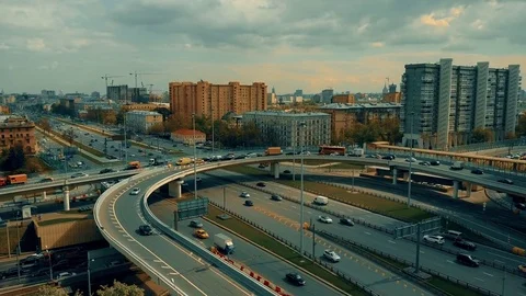Traffic jam on city highway interchange, Moscow. 4K aerial video Stock Footage 75855291
