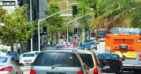 Traffic jam during rush hour in Los Angeles Downtown California 4K RAW Stock-Footage 64970590