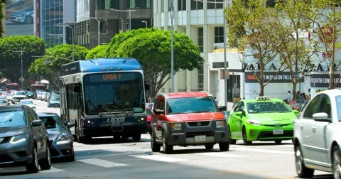 Traffic jam during rush hour in Los Angeles Downtown California 4K RAW Stock Footage 66956722