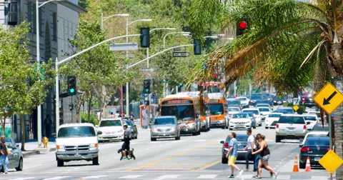 Traffic jam during rushhour in Los Angeles Downtown, California, 4K Video stock 64970621