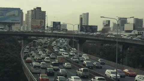 Traffic jam at evening rush hour in Bangkok Thailand on freeway bridge pollution Stock-Footage 168638245