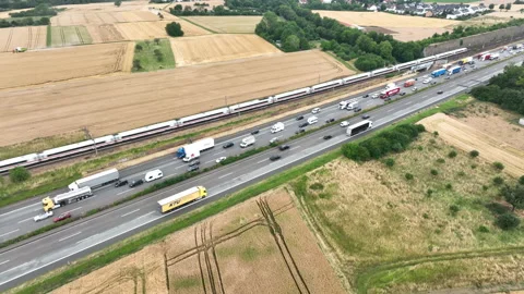 Traffic jam on German highway A3 Stockbeeldmateriaal 199309879