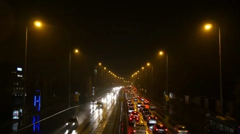 Traffic jam on the highway in Budapest taken by cold december night Stock Footage 44609078