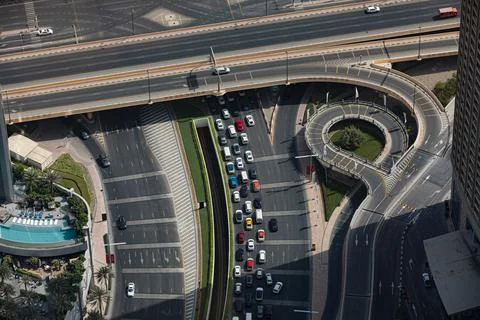 Traffic jam on the intersection in Dubai, UAE Stock Photos