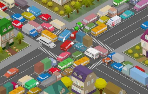 Traffic Jam. Isometric Cars and Houses for Illustration Of Busy Road. Stock Illustration