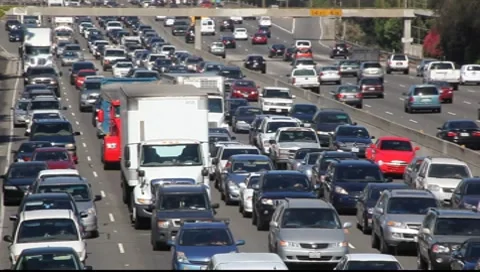 Traffic jam on Los Angeles Freeway during rush hour, California Stock Footage 8688142