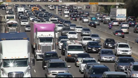 Traffic jam on Los Angeles Freeway during rush hour, California Stock Footage
