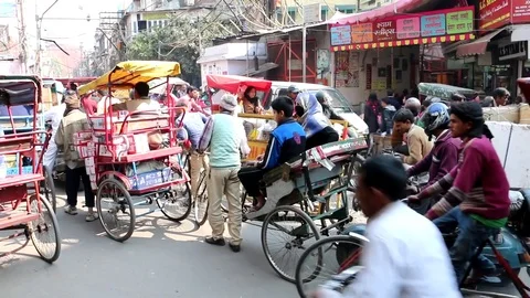 Traffic Jam With Many Rickshaws In Old Delhi Stock Footage 83080074