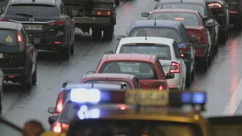 Traffic Jam. Policeman Getting Out Of the Police Car Stock Footage 88155148