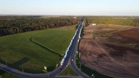 Traffic jam, queue of trucks, top view. A line of lorrys before customs Stock Footage 262624944