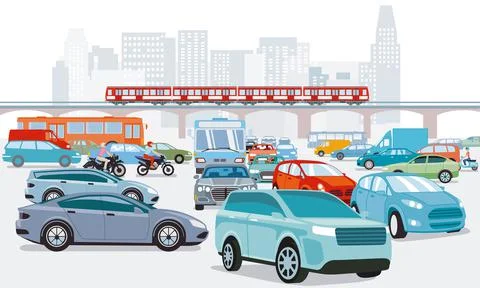 Traffic jam at the road intersection and Transport, illustration Stock Illustration