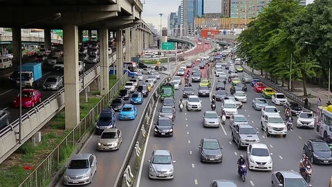 Traffic jam on the road at Lat Phrao Square in Bangkok, Thailand. Stock Footage 80976408