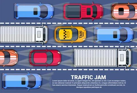 Traffic Jam On Road Top View With Highway Full Of Different Cars Stock Illustration