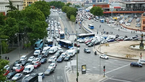 Traffic Jam roundabout full of vehicles in Madrid Square Atocha 4k footage Stock-Footage 108598106