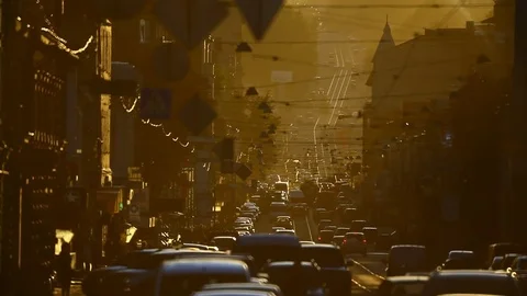 Traffic jam in smog through urban street Stock Footage 76448146