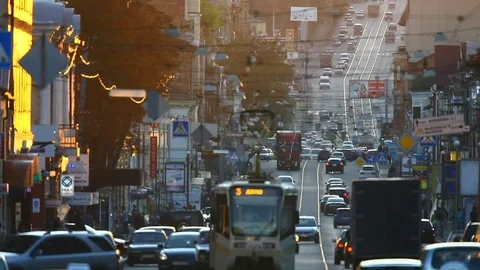 Traffic jam in smog through urban street Stock Footage 76466976
