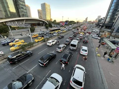 Traffic jam at sunset Stock Photos
