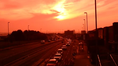 Traffic jam at sunset queueing at roadworks in the city of leeds uk Stock Footage 68703247