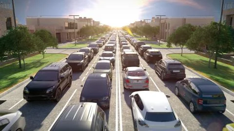 Traffic jam, sunset time. 3d illustration. Stock Illustration