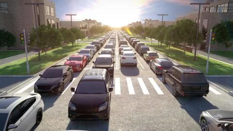 Traffic jam, sunset time. 3d illustration. Stock Illustration