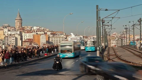 Traffic jam timelapse from Galata Bridge, Istanbul Stock Footage 88303296