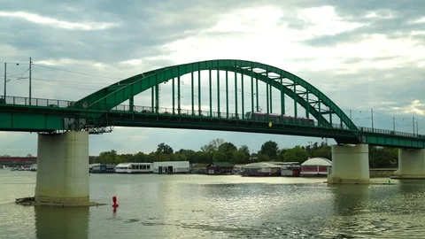 Traffic jam on Tram bridge on Sava river in Belgrade city. Stock Footage 80807566