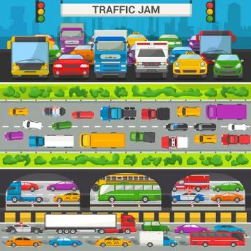 Traffic jam vector transport car vehicle and bus in the rush hour on highway Stock Illustration
