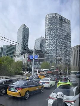Traffic Jam View from Bus Window with Raffles City Stock Photos