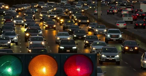 Traffic light and jam congestion at rush hour, California Freeway Los Angeles 4K Stock Footage 68687906