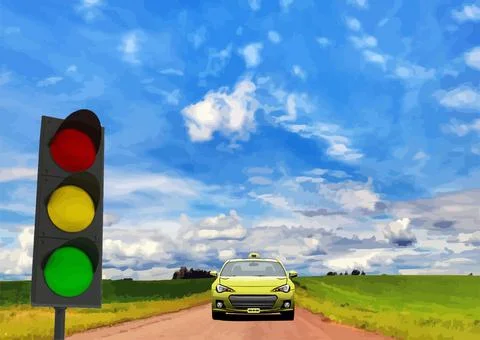 Traffic light on the background of a cloudy sky with car image. 3d color vect Stock Illustration
