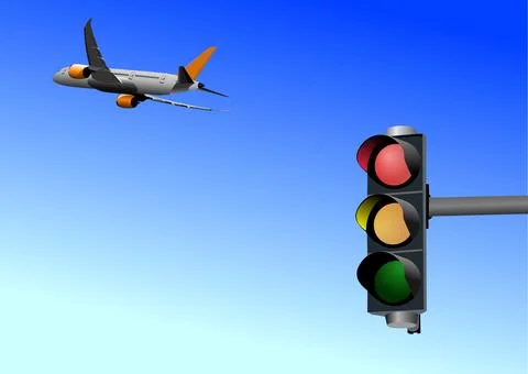 Traffic light on the background of a cloudy sky with plane image. 3d color .. Stock Illustration