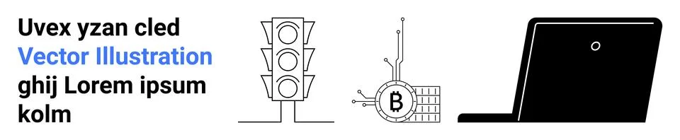 Traffic Light, Bitcoin Processing with Graph, and Laptop in Black and White.. Stock Illustration
