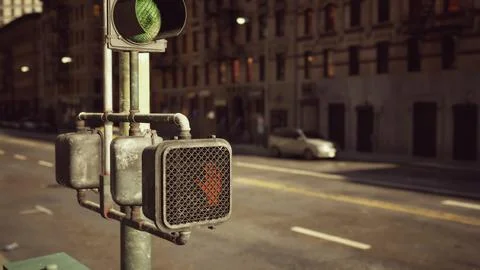 A traffic light, captured in a hyperlapse over the streets of New York City. Ilustração Stock